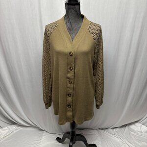 Khaki Waffle Knit Long Sleeve Cardigan Womens Sz Large Lace Sleeves Button-Down